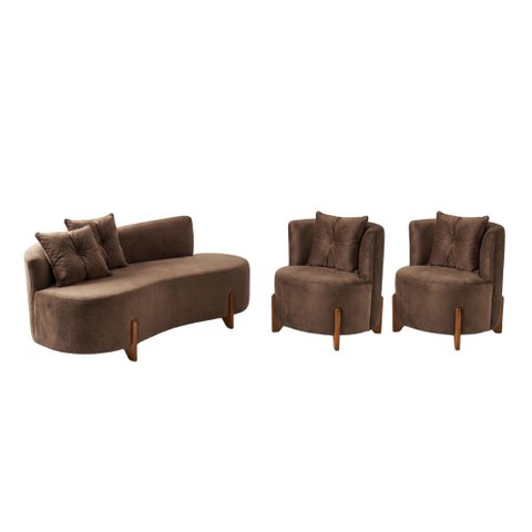 Conjunto 2 Poltronas + Sofá Curvo Orgânico Veludo Marrom - Montanaris Decor