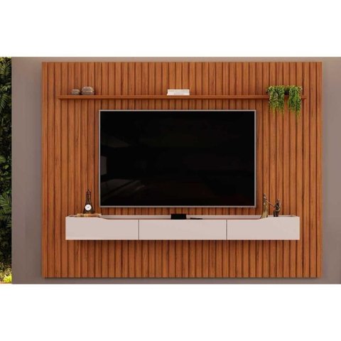 Estante P- Sala até 85 Pol Pratic Ripado C- 3 Gavetas 275x240cm Freijó-off White - Dj Móveis