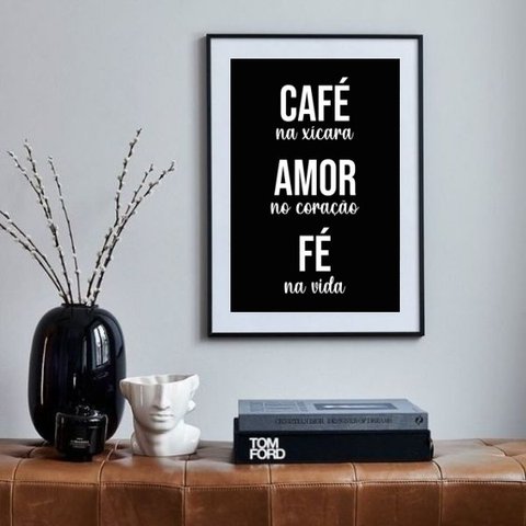 Quadro Fé Café e Deus Cuidando da Gente - 60x48cm:madeira Preta