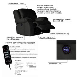 Poltrona Reclinável Elétrica Massagem e Usb Veludo Marrom - 2