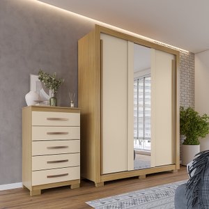 Kit Guarda Roupa Casal Dallas 3 Portas 2 Gavetas com Espelho e Cômoda Aspen 5 Gavetas I01 - Clique C