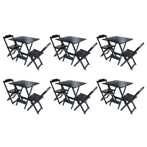 Kit 6 Conjuntos de Mesa Dobrável com 2 Cadeiras de Madeira 70x70 para Bar e Restaurante - Preto