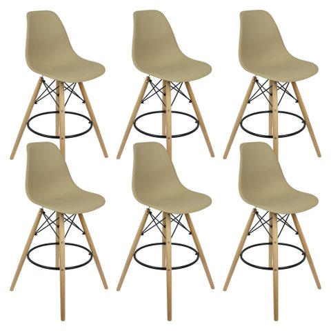 Kit 6 Banquetas Charles Eames Eiffel Wood Design Base Fixa Madeira - Bege
