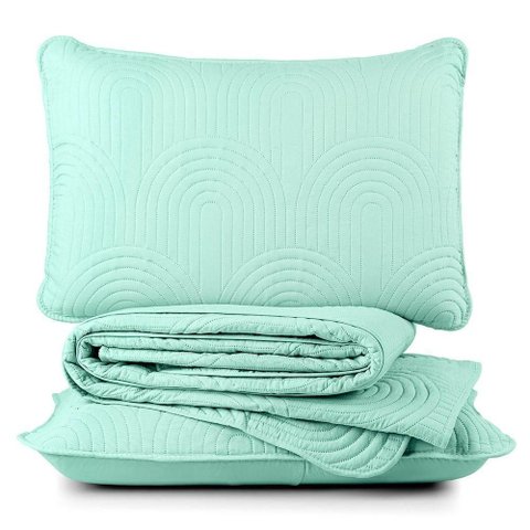 Kit Cobre Leito Colcha Arcos Queen Dupla Face Matelado 200 Fios 3 Peças Verde