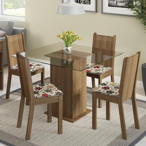 Conjunto Sala de Jantar Madesa Magda Mesa Tampo de Vidro com 4 Cadeiras - Rustic/hibiscos