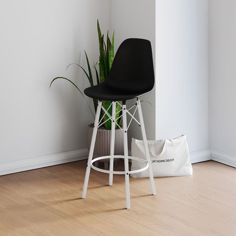Banqueta Eames Tubo Ferro Branco Assento Preto