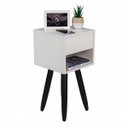 Ver imagem 1 de Mesa de Cabeceira Retrô 30cm Branco Gaveta e Nicho Pés Palito Madeira Escura - Enviamos Montado