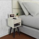Ver imagem 5 de Mesa de Cabeceira Retrô 30cm Branco Gaveta e Nicho Pés Palito Madeira Escura - Enviamos Montado