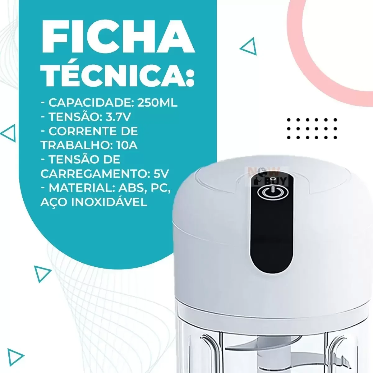 Mini Processador Triturador sem Fio Elétrico 250ml de Alimentos para Legumes Alho e Outros Alimentos - 5
