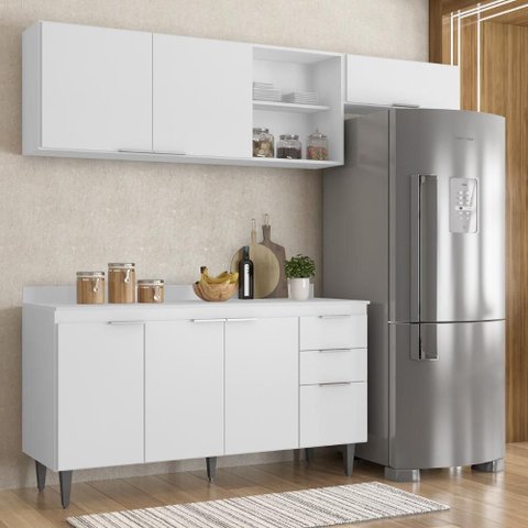Armário de Cozinha com Tampo CP03 220cm Pérola Branco Z34 - Mpozenato