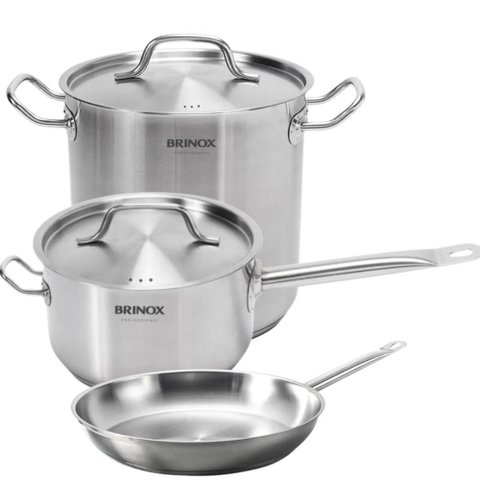 Jogo de Panelas Profissionais Inox Fundo Triplo Brinox 3 Peças 24cm Frigideira Caldeirão Caçarola