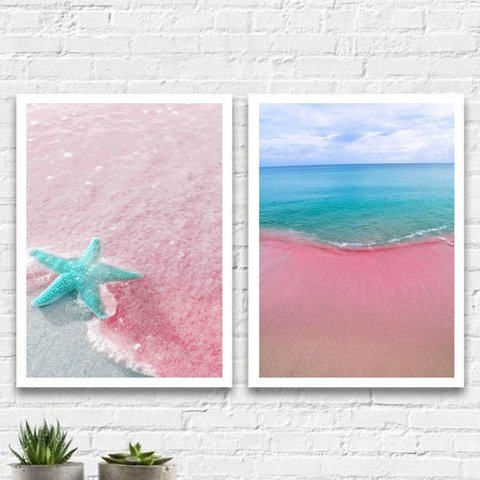 Kit 2 Quadros Mar Verão Rosa E Azul 45x34cm - com vidro:Madeira preta