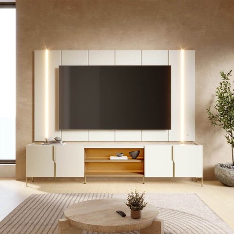Rack Bancada com Painel Suspenso Maggiore para Tv até 75 Polegadas Off White Matte Freijó Colibri