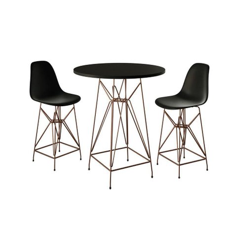 Jogo Mesa Bistrô Eames Preta 60Cm 2 Banquetas Preta Base Ferro Cobre - Cor: Preto