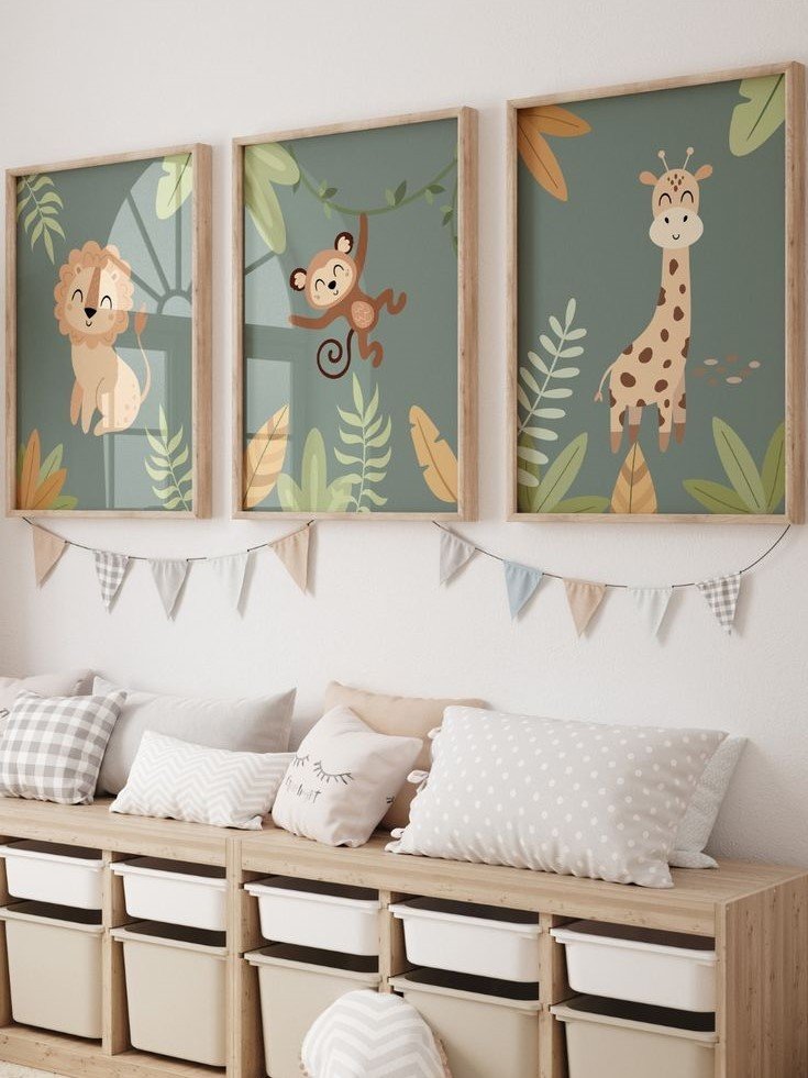 Kit 3 Quadros Decorativos Infantil Safari Leão Macaquinho Girafa No1