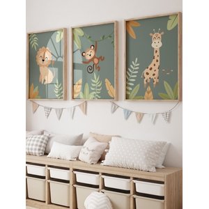 Kit 3 Quadros Decorativos Infantil Safari Leão Macaquinho Girafa No1