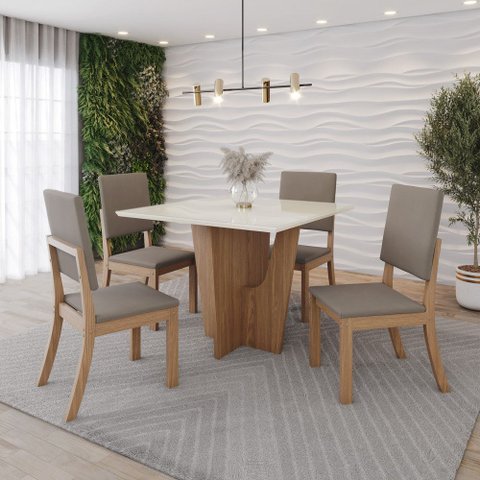 Conjunto Sala Jantar Mesa Vértice 90 cm Canto Reto C Vidro 4 Cadeiras Milla Henn