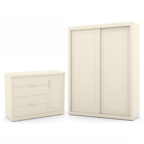 Jogo de Quarto Infantil com Guarda Roupa 2 Portas de Correr e Cômoda Tutto New Off White - Matic Móv