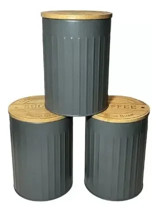 Conj de Potes de Lata e Madeira Cinza e Natural 3 Pcs - 1