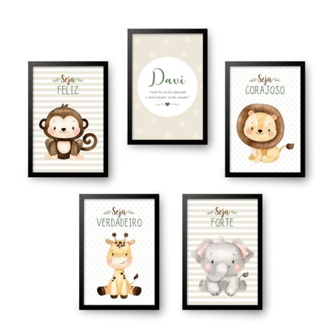 Kit 5 Quadros Decorativos Safari Baby Aquarela Bege:branca