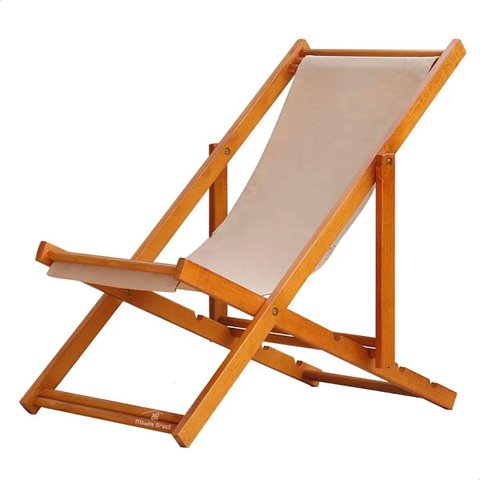 Espreguiçadeira Dobrável s/B Envernizado Mel Madeira Maciça com Tecido Bege