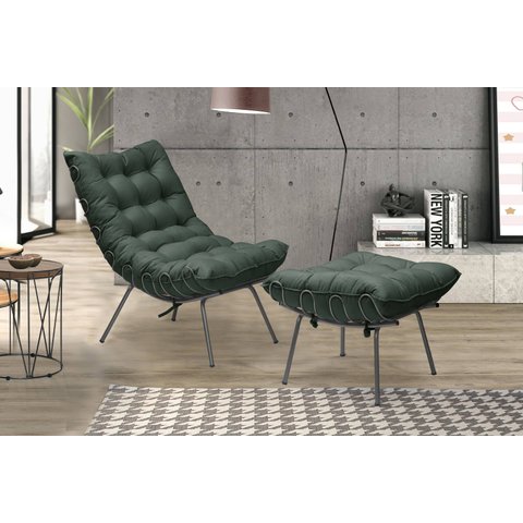 Poltrona Costela com Puff Adão Preto Veludo Verde - Jotabe