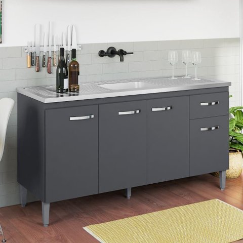 Balcão de Cozinha Gabriela 4 Portas 1 Prateleira MDP 145cm Cinza Fosco