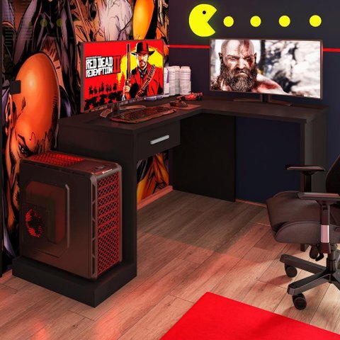 Mesa Gamer de Canto com Gaveta Wayra Preto