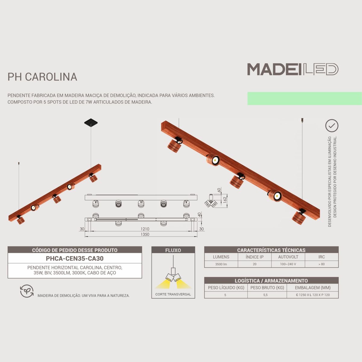 PENDENTE HORIZONTAL MADEIRA MACIÇA CAROLINA LED 35W 3500LM  CABO - 6