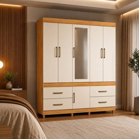 Guarda Roupa Casal 6 Portas 4 Gavetas Guarujá Cinamomo Off White Demóbile