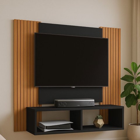 Painel Navi Ripado Moderno P/ Tvs de até 47" com Nicho Duplo:preto