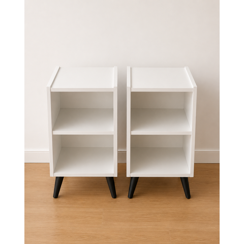 Kit 2 Mesas de Cabeceira, Mesa de Cabeceira MDF Branco Pés Palito Preto - Nicho Prateleira