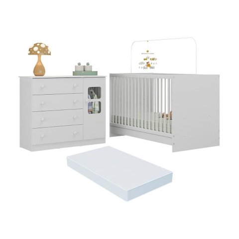 Berço 3 em 1 com Colchão Incluso e Cômoda 1 Porta 4 Gavetas Brisa Multimóveis Mp4751 Branco