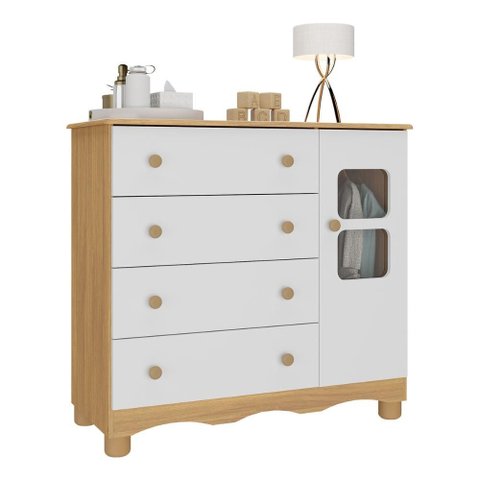 Cômoda Infantil 95cm 1 Porta com Vidro e 4 Gavetas Luna Multimóveis Mp4414 Madeirado/branco