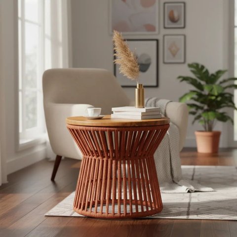 Mesa de Centro Corda Náutica e Tampo de Madeira Terracota