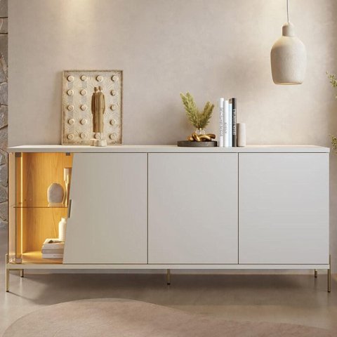 Aparador Buffet para Sala de Jantar 4 Portas 182cm Pés Industrial Dourado Mosele C04 Off White