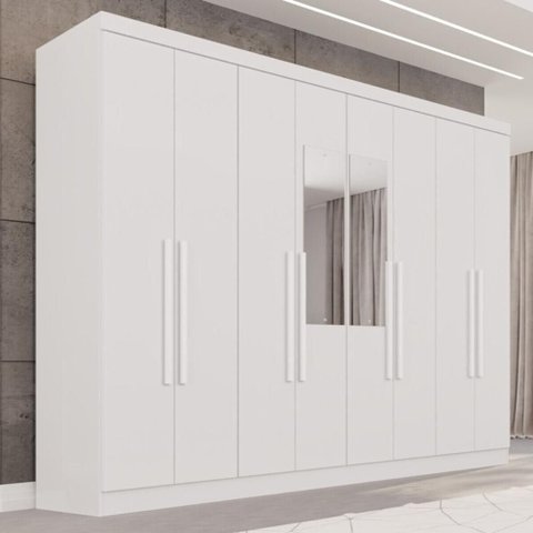 Guarda Roupa Casal Crsal-Grp 8 Portas de Bater 4 Gavetas MDP com Espelho Branco Multimóveis 241cm