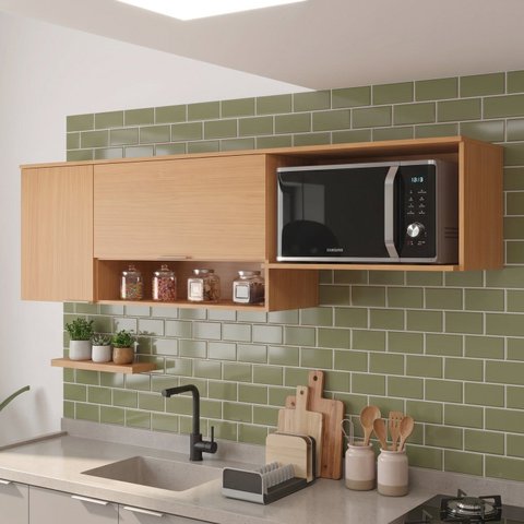 Armário de Cozinha Aéreo com 2 Portas e Nicho para Microondas Casuá Marrom Angelin Premium Alice