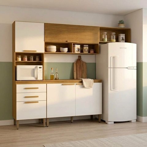 Cozinha Compacta 4 Peças 5 Portas 2 Gavetas com Torre para Forno Nichos e Tampo 256,4x196,2x38,1cm