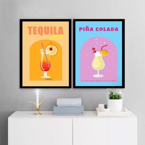 Kit 2 Quadros para Bar - Coquetéis Alcoólicos 24x18cm - com Vidro:moldura Preta