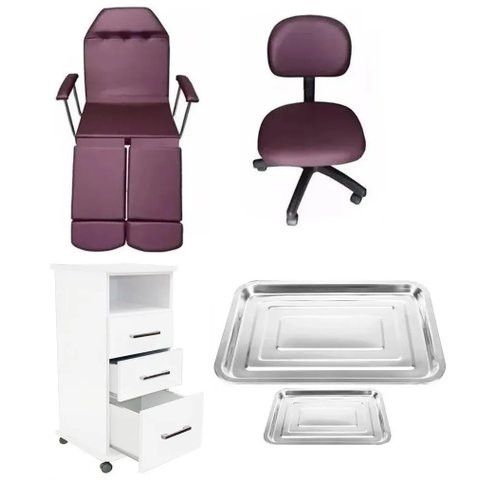 Kit Cadeira Podologia Vinho Mocho Armário e Brinde Fiscomed Kit para Podologia