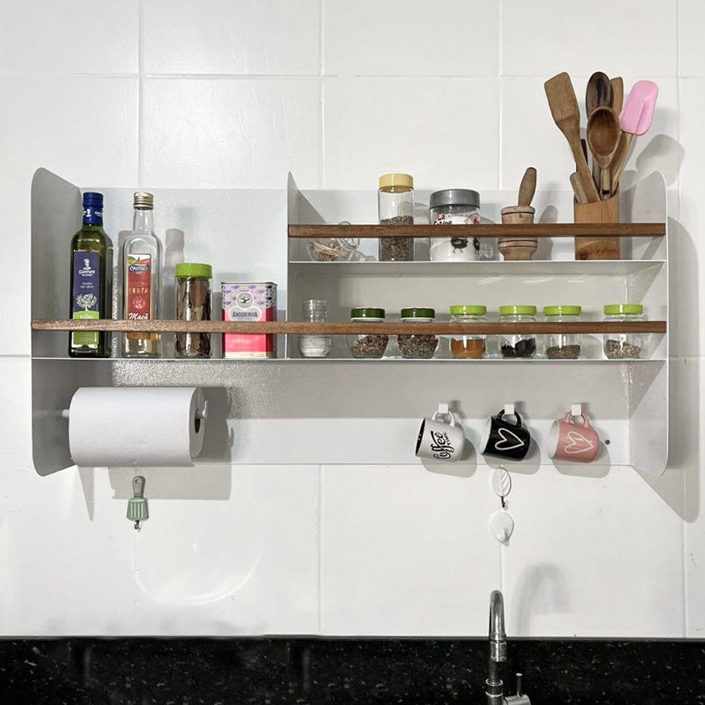 Organizador Multiuso Cozinha em Aço Carbono Branco Madeira 100cm Linha Home