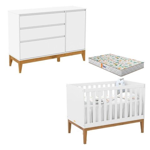 Berço Americano Unique e Cômoda com Porta Nature Clean Branco Soft Eco Wood com Colchão Gazin – Mati