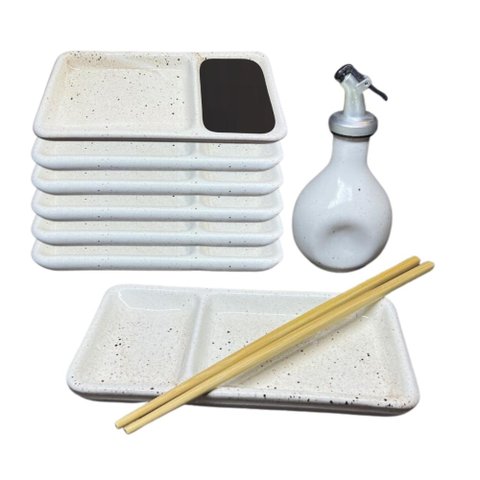 Kit 6 Pessoas Oriental Prato e Jarra Shoyu Porcelana Creme Mesclado Comida Japonesa