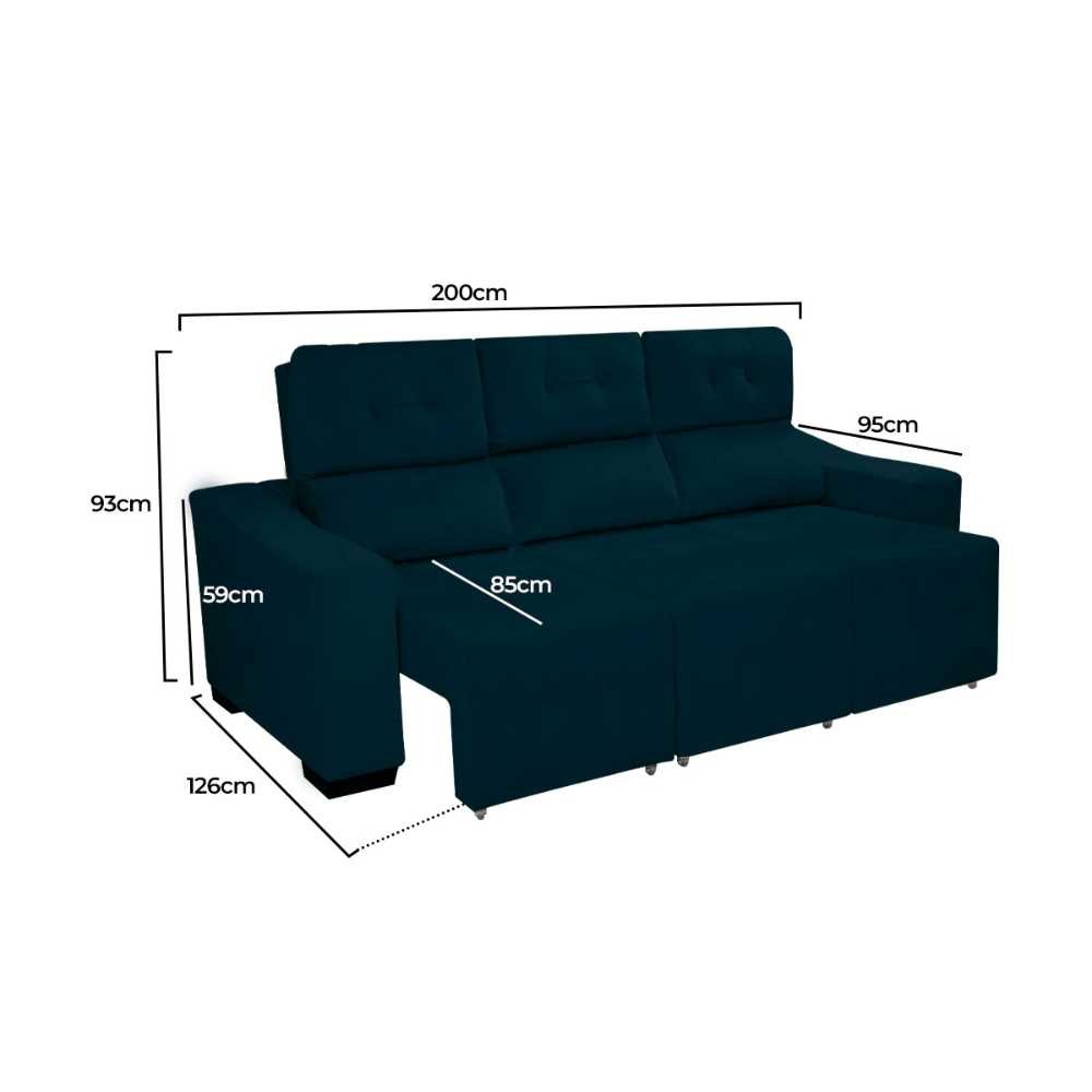 Sofá Retrátil e Reclínavel 3 lugares 2,00m Paula Suede Azul Marinho - Móveis Mafer - 10