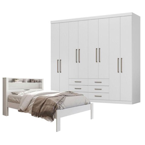 Guarda Roupa Casal 8 Portas 6 Gavetas Master e Cama Casal Invicta Branco Brilho - Santos Andirá