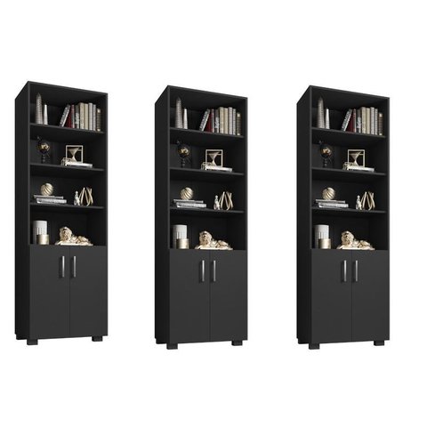 Kit Escritório com 3 Livreiros Portas Pequenas Office Preto Tx - Fdecor