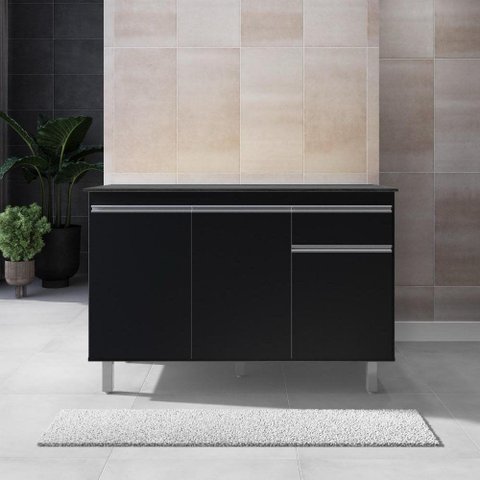 Balcão Gabinete de Pia sem Tampo 120cm 3 Portas Pop - Nathan Móveis Cor Preto