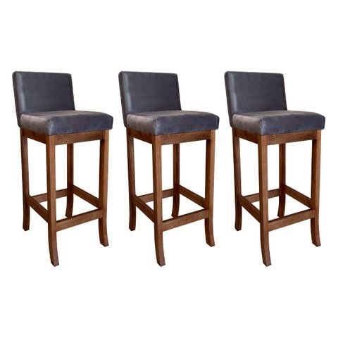 Kit 3 Banquetas Alta Estofada Gourmet para Cozinha 38x100 cm Espanha Madeira Castanho Suede Cinza Cc
