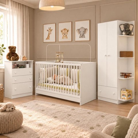 Quarto de Bebê Completo com Berço 3 em 1 para Colchão 130x60cm Confete Multimóveis MP4911 Branco